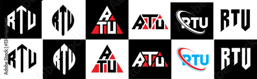 RTU letter logo design in six style. RTU polygon, circle, triangle, hexagon, flat and simple style with black and white color variation letter logo set in one artboard. RTU minimalist and classic logo photo