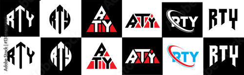RTY letter logo design in six style. RTY polygon, circle, triangle, hexagon, flat and simple style with black and white color variation letter logo set in one artboard. RTY minimalist and classic logo