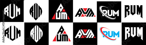 RUM letter logo design in six style. RUM polygon, circle, triangle, hexagon, flat and simple style with black and white color variation letter logo set in one artboard. RUM minimalist and classic logo
