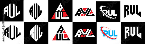 RUL letter logo design in six style. RUL polygon, circle, triangle, hexagon, flat and simple style with black and white color variation letter logo set in one artboard. RUL minimalist and classic logo photo