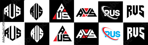 RUS letter logo design in six style. RUS polygon, circle, triangle, hexagon, flat and simple style with black and white color variation letter logo set in one artboard. RUS minimalist and classic logo