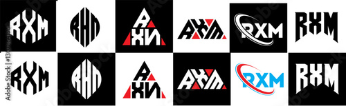 RXM letter logo design in six style. RXM polygon, circle, triangle, hexagon, flat and simple style with black and white color variation letter logo set in one artboard. RXM minimalist and classic logo
