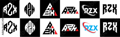 RZX letter logo design in six style. RZX polygon, circle, triangle, hexagon, flat and simple style with black and white color variation letter logo set in one artboard. RZX minimalist and classic logo