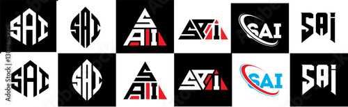 SAI letter logo design in six style. SAI polygon, circle, triangle, hexagon, flat and simple style with black and white color variation letter logo set in one artboard. SAI minimalist and classic logo