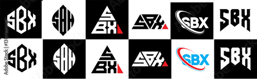 SBX letter logo design in six style. SBX polygon, circle, triangle, hexagon, flat and simple style with black and white color variation letter logo set in one artboard. SBX minimalist and classic logo