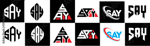 SAY letter logo design in six style. SAY polygon, circle, triangle, hexagon, flat and simple style with black and white color variation letter logo set in one artboard. SAY minimalist and classic logo