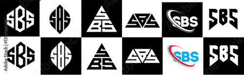 SBS letter logo design in six style. SBS polygon, circle, triangle, hexagon, flat and simple style with black and white color variation letter logo set in one artboard. SBS minimalist and classic logo