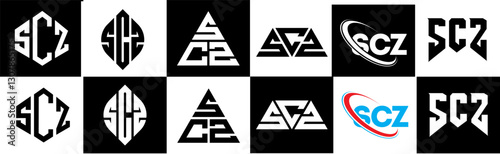SCZ letter logo design in six style. SCZ polygon, circle, triangle, hexagon, flat and simple style with black and white color variation letter logo set in one artboard. SCZ minimalist and classic logo