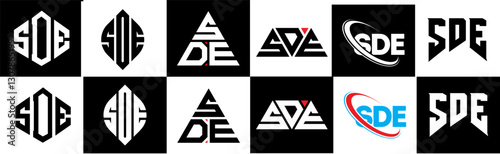 SDE letter logo design in six style. SDE polygon, circle, triangle, hexagon, flat and simple style with black and white color variation letter logo set in one artboard. SDE minimalist and classic logo