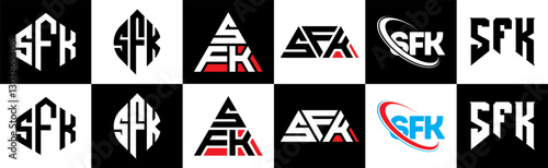SFK letter logo design in six style. SFK polygon, circle, triangle, hexagon, flat and simple style with black and white color variation letter logo set in one artboard. SFK minimalist and classic logo