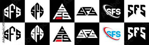 SFS letter logo design in six style. SFS polygon, circle, triangle, hexagon, flat and simple style with black and white color variation letter logo set in one artboard. SFS minimalist and classic logo