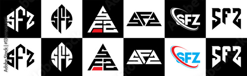 SFZ letter logo design in six style. SFZ polygon, circle, triangle, hexagon, flat and simple style with black and white color variation letter logo set in one artboard. SFZ minimalist and classic logo