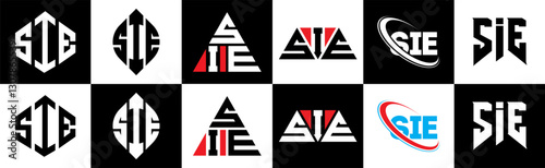 SIE letter logo design in six style. SIE polygon, circle, triangle, hexagon, flat and simple style with black and white color variation letter logo set in one artboard. SIE minimalist and classic logo