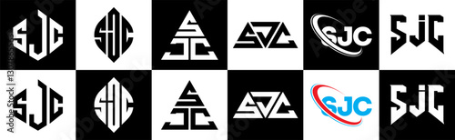SJC letter logo design in six style. SJC polygon, circle, triangle, hexagon, flat and simple style with black and white color variation letter logo set in one artboard. SJC minimalist and classic logo