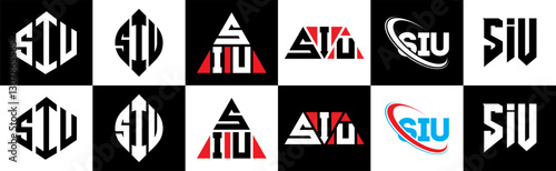 SIU letter logo design in six style. SIU polygon, circle, triangle, hexagon, flat and simple style with black and white color variation letter logo set in one artboard. SIU minimalist and classic logo
