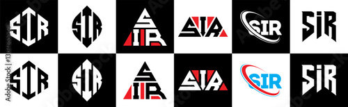 SIR letter logo design in six style. SIR polygon, circle, triangle, hexagon, flat and simple style with black and white color variation letter logo set in one artboard. SIR minimalist and classic logo