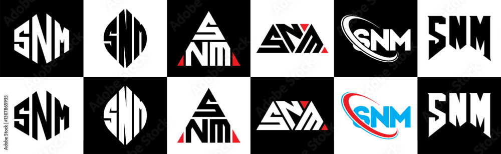 SNM letter logo design in six style. SNM polygon, circle, triangle, hexagon, flat and simple style with black and white color variation letter logo set in one artboard. SNM minimalist and classic logo