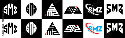 SMZ letter logo design in six style. SMZ polygon, circle, triangle, hexagon, flat and simple style with black and white color variation letter logo set in one artboard. SMZ minimalist and classic logo