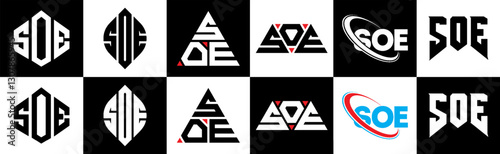 SOE letter logo design in six style. SOE polygon, circle, triangle, hexagon, flat and simple style with black and white color variation letter logo set in one artboard. SOE minimalist and classic logo photo