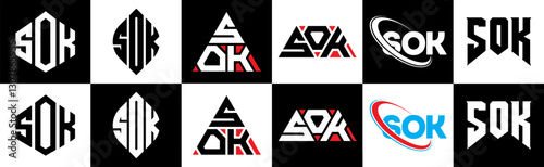 SOK letter logo design in six style. SOK polygon, circle, triangle, hexagon, flat and simple style with black and white color variation letter logo set in one artboard. SOK minimalist and classic logo