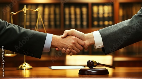 Legal Partnership. Handshake, Scales of Justice, Gavel, Formal Agreement