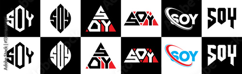 SOY letter logo design in six style. SOY polygon, circle, triangle, hexagon, flat and simple style with black and white color variation letter logo set in one artboard. SOY minimalist and classic logo