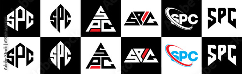 SPC letter logo design in six style. SPC polygon, circle, triangle, hexagon, flat and simple style with black and white color variation letter logo set in one artboard. SPC minimalist and classic logo