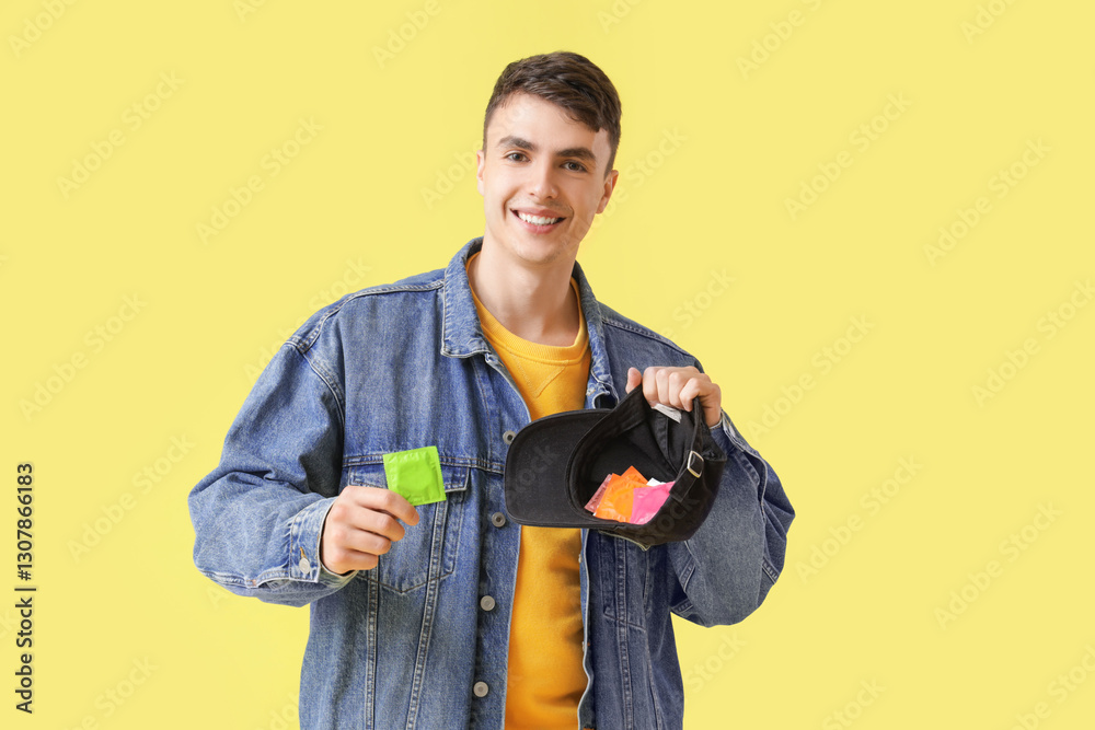 Young man holding cap with condoms on yellow background Young man holding cap with condoms on yellow background