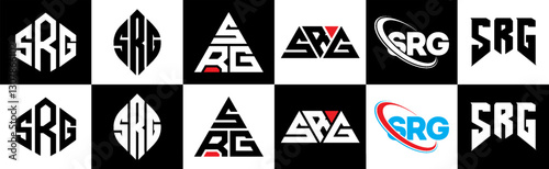 SRG letter logo design in six style. SRG polygon, circle, triangle, hexagon, flat and simple style with black and white color variation letter logo set in one artboard. SRG minimalist and classic logo
