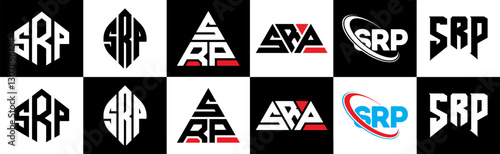SRP letter logo design in six style. SRP polygon, circle, triangle, hexagon, flat and simple style with black and white color variation letter logo set in one artboard. SRP minimalist and classic logo