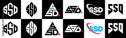 SSD letter logo design in six style. SSD polygon, circle, triangle, hexagon, flat and simple style with black and white color variation letter logo set in one artboard. SSD minimalist and classic logo