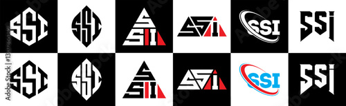 SSI letter logo design in six style. SSI polygon, circle, triangle, hexagon, flat and simple style with black and white color variation letter logo set in one artboard. SSI minimalist and classic logo