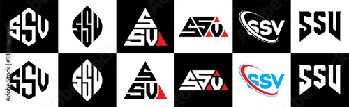 SSV letter logo design in six style. SSV polygon, circle, triangle, hexagon, flat and simple style with black and white color variation letter logo set in one artboard. SSV minimalist and classic logo