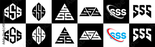 SSS letter logo design in six style. SSS polygon, circle, triangle, hexagon, flat and simple style with black and white color variation letter logo set in one artboard. SSS minimalist and classic logo