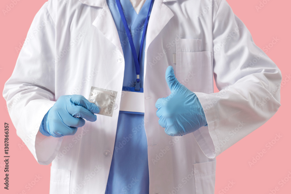 Doctor holding condom and showing thumb-up on pink background