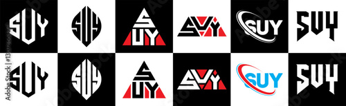 SUY letter logo design in six style. SUY polygon, circle, triangle, hexagon, flat and simple style with black and white color variation letter logo set in one artboard. SUY minimalist and classic logo