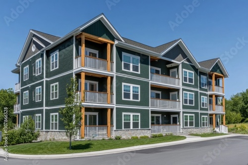 A wide-angle view of an apartment complex in Maine, featuring three stories with dark green and white walls, each floor has two full-size balconies on the front side Generative AI