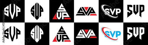 SVP letter logo design in six style. SVP polygon, circle, triangle, hexagon, flat and simple style with black and white color variation letter logo set in one artboard. SVP minimalist and classic logo