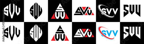 SVV letter logo design in six style. SVV polygon, circle, triangle, hexagon, flat and simple style with black and white color variation letter logo set in one artboard. SVV minimalist and classic logo