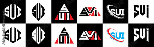 SUI letter logo design in six style. SUI polygon, circle, triangle, hexagon, flat and simple style with black and white color variation letter logo set in one artboard. SUI minimalist and classic logo