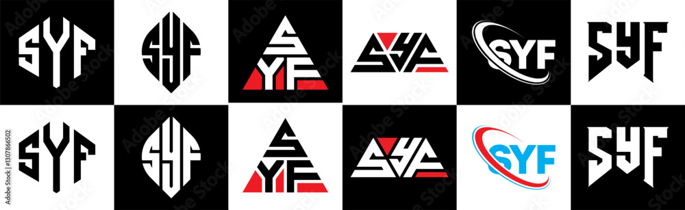 SYF letter logo design in six style. SYF polygon, circle, triangle, hexagon, flat and simple style with black and white color variation letter logo set in one artboard. SYF minimalist and classic logo SYF letter logo design in six style. SYF polygon, circle, triangle, hexagon, flat and simple style with black and white color variation letter logo set in one artboard. SYF minimalist and classic logo