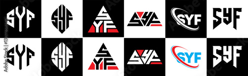 SYF letter logo design in six style. SYF polygon, circle, triangle, hexagon, flat and simple style with black and white color variation letter logo set in one artboard. SYF minimalist and classic logo
