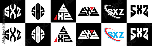 SXZ letter logo design in six style. SXZ polygon, circle, triangle, hexagon, flat and simple style with black and white color variation letter logo set in one artboard. SXZ minimalist and classic logo