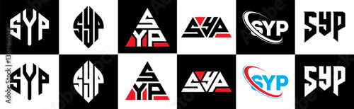 SYP letter logo design in six style. SYP polygon, circle, triangle, hexagon, flat and simple style with black and white color variation letter logo set in one artboard. SYP minimalist and classic logo