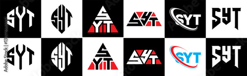 SYT letter logo design in six style. SYT polygon, circle, triangle, hexagon, flat and simple style with black and white color variation letter logo set in one artboard. SYT minimalist and classic logo
