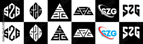 SZG letter logo design in six style. SZG polygon, circle, triangle, hexagon, flat and simple style with black and white color variation letter logo set in one artboard. SZG minimalist and classic logo