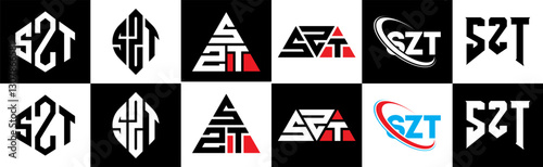 SZT letter logo design in six style. SZT polygon, circle, triangle, hexagon, flat and simple style with black and white color variation letter logo set in one artboard. SZT minimalist and classic logo