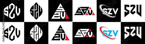 SZV letter logo design in six style. SZV polygon, circle, triangle, hexagon, flat and simple style with black and white color variation letter logo set in one artboard. SZV minimalist and classic logo
