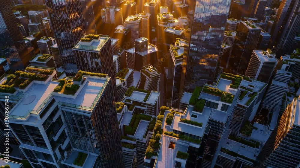 Aerial video view of a futuristic cityscape at sunset, with sunlight reflecting off skyscrapers, highlighting a modern, eco-friendly urban design.