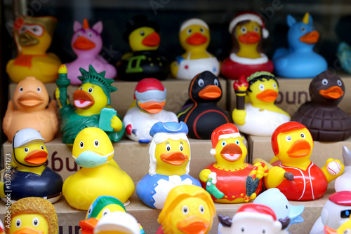 Colorful toys.Many colorful rubber duck toys in various outfits on sale. Rubber ducks are a popular toy around the world